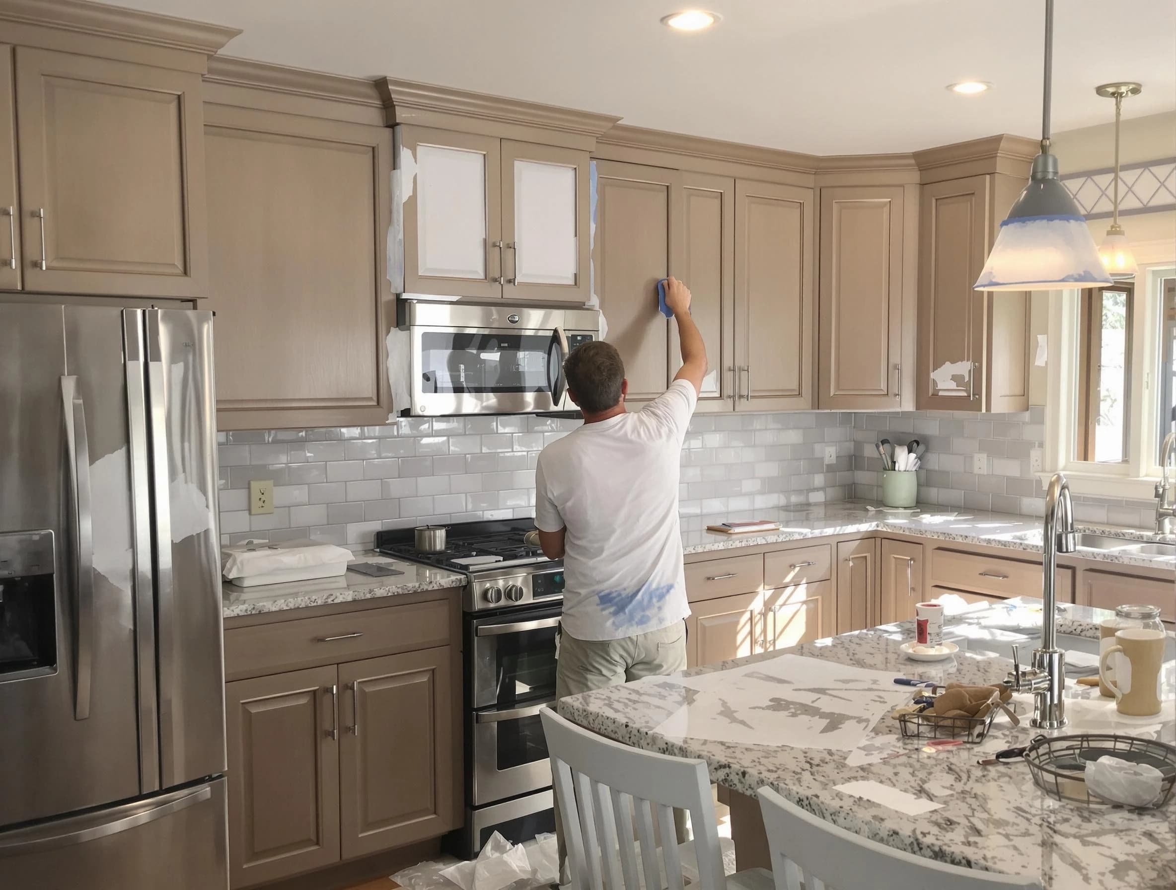 Before-and-after view of kitchen painting by Berea House Painters in Berea