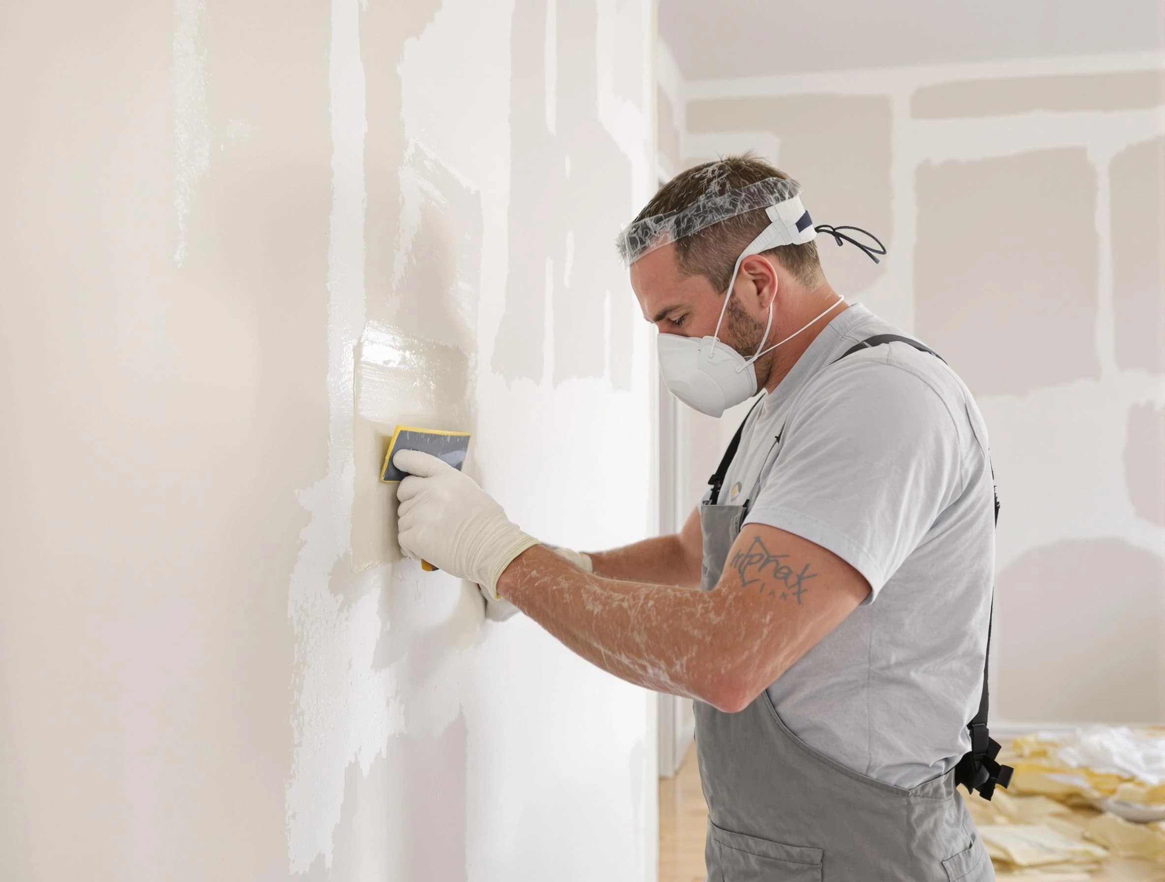Berea House Painters technician applying mud to drywall seams in Berea, OH