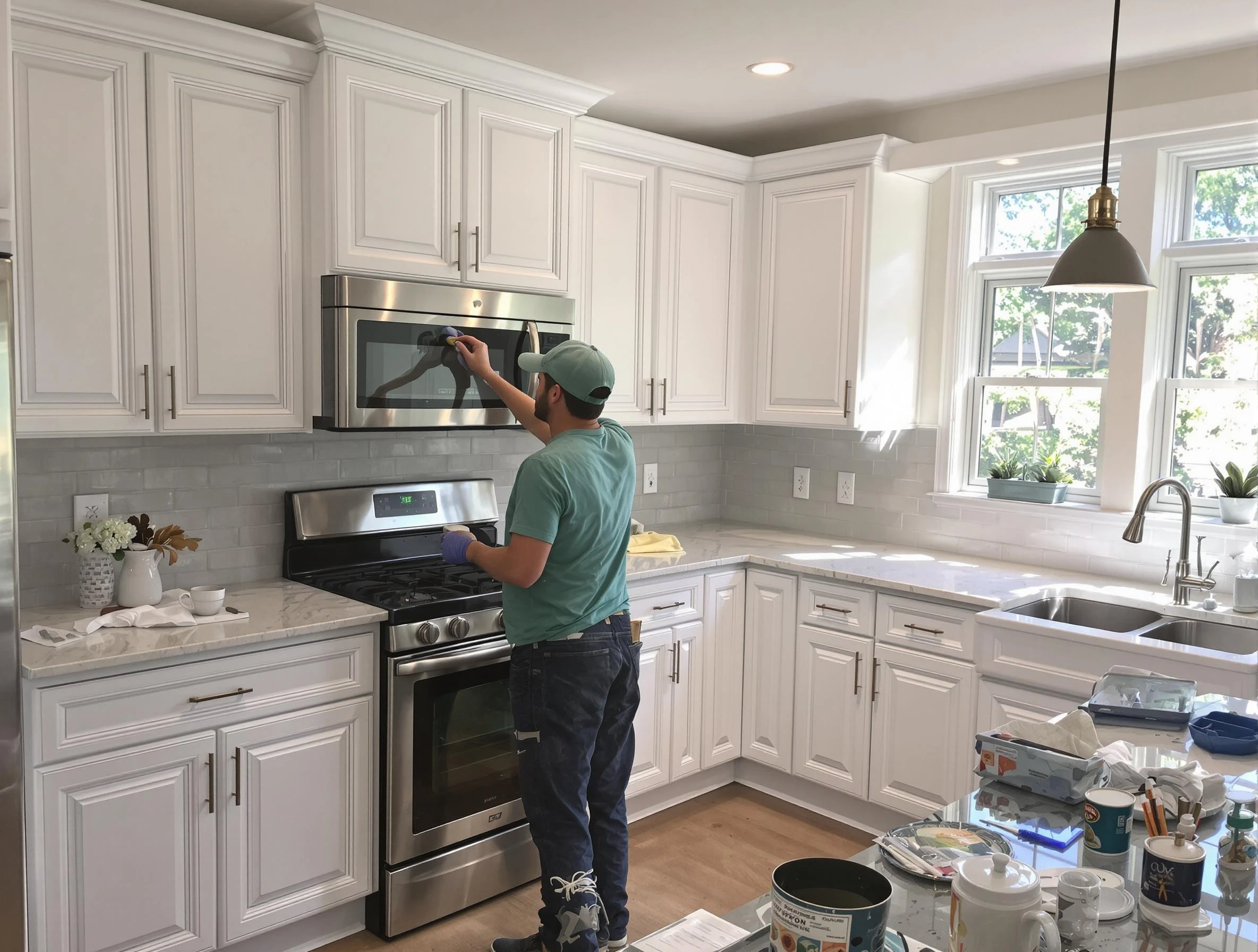 Kitchen cabinets being refinished by Berea House Painters in Berea, OH